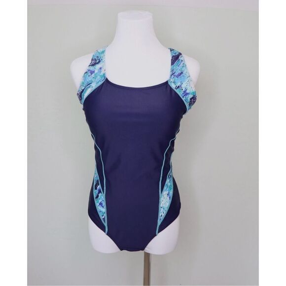 BOGOF Charmo Athletic Blue Racerback Swim 1pc Swimsuit SMALL Coastal Beach - Picture 1 of 9